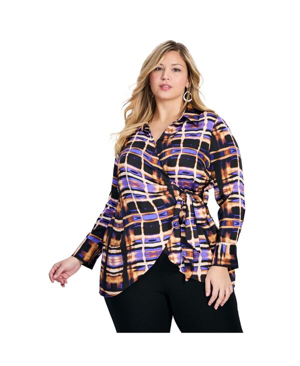 アベニュー レディース トップス シャツ プラスサイズ サテン ブラウス AVENUE Women's Plusize Goldi Satin Wrap Blouse Abstract burnout