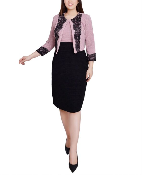 ニューヨークコレクション レディース トップス ワンピース プチ レース ニット NY Collection Petite Lace-Detail 2 Piece Textured Knit Dresset Blush Black ブラック