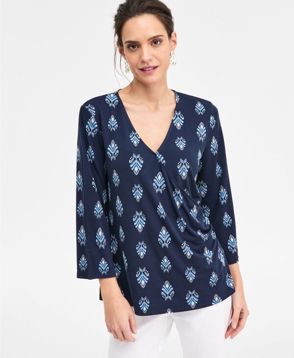 ジェイエムコレクション レディース トップス シャツ プリント JM Collection Women's Printed 3/4-Sleeve Surplice Top Intrepid Blue Combo ブルー