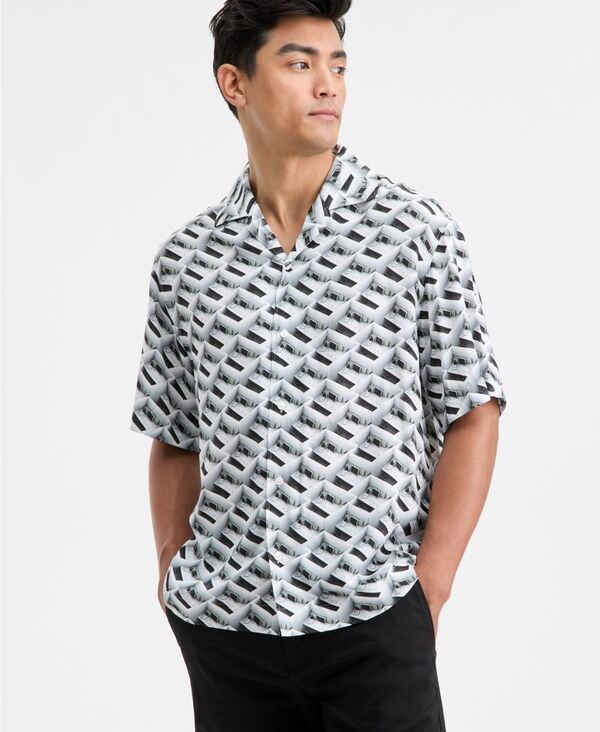 ヒューゴボス メンズ トップス ポロシャツ プリント 半袖 Hugo Boss Men's Espino Printed Short-Sleeve Button-Front Camp Shirt White ホワイト