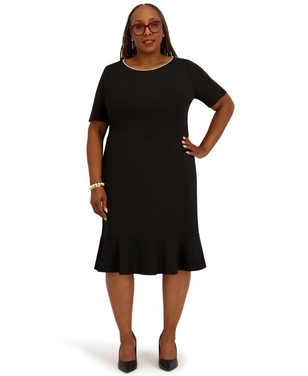 カスパール レディース トップス ワンピース ひざ丈 プラスサイズ フリル スカート Kasper Women's Round Necknee Length Ruffle Skirt Dress Regular and Plusize Black ブラック