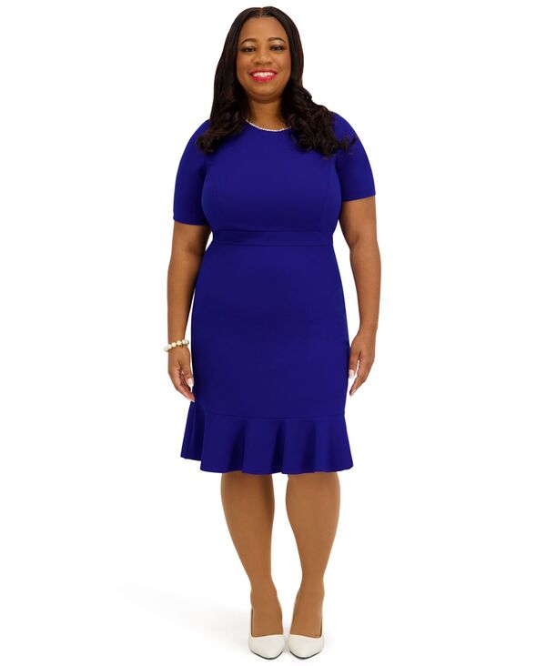 カスパール レディース トップス ワンピース ひざ丈 プラスサイズ フリル スカート Kasper Women's Round Necknee Length Ruffle Skirt Dress Regular and Plusize Royal Signature