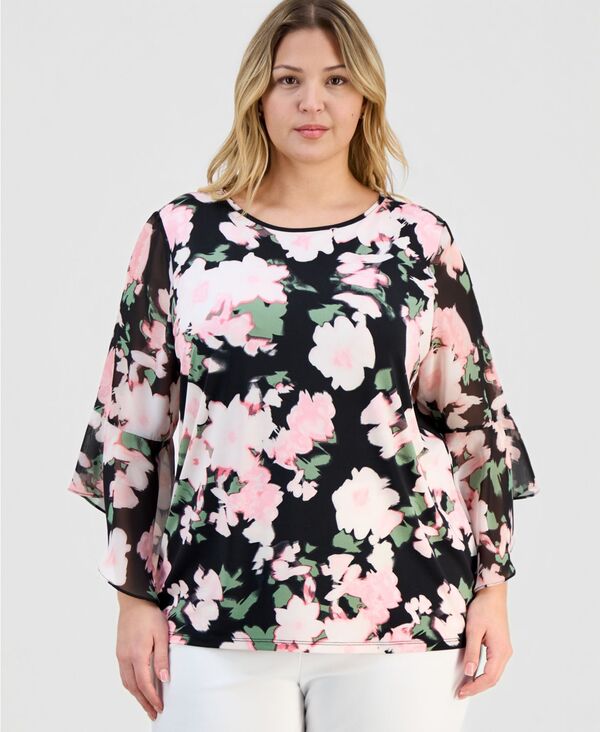 カスパール レディース トップス シャツ フラワー柄 プラスサイズ プリント フリル ブラウス フラワー Kasper Plusize Large-Floral-Print Ruffle-Sleeve Blouse Black Multi ブラック
