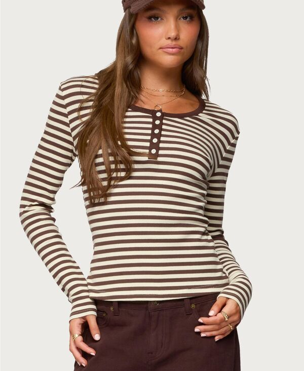 アディクテッド レディース トップス シャツ Edikted Women's Roma Striped Henley Top Brown ブラウン|ReVida 店