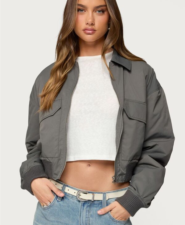 アディクテッド レディース アウター ジャケット・ブルゾン ギャザー Edikted Women's Dolan Ruched Oversized Bomber Jacket Gray グレー