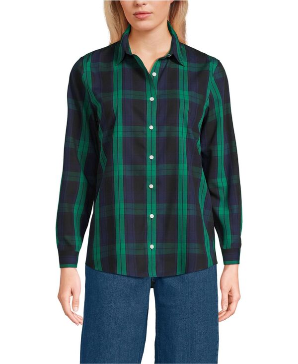 ランズエンド レディース トップス シャツ プチ Lands' End Petite No Iron Button Front Shirt Rich clover/navy plaid ネイビー