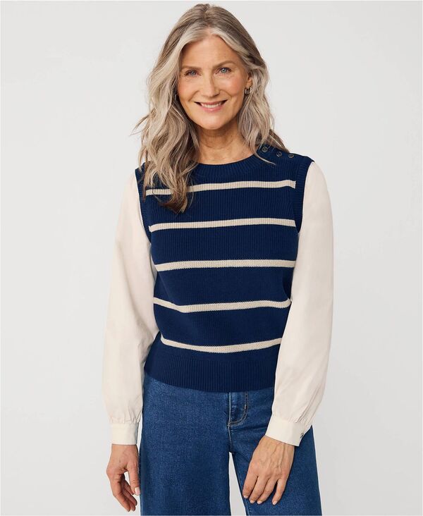 ランズエンド レディース アウター ニット・セーター ベスト Lands' End Women's Drifter Shaker Button Shoulder Sweater Vest with Poplin Sleeves Deep sea navy/champagne stripe ネイビー