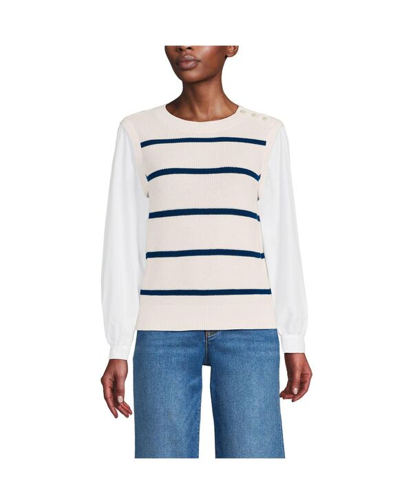 ランズエンド レディース アウター ニット・セーター ベスト Lands' End Women's Drifter Shaker Button Shoulder Sweater Vest with Poplin Sleeves Fresh ivory/navy stripe アイボリー