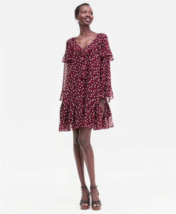 アイ.エヌ.シー インターナショナル コンセプト レディース トップス ワンピース フリル ミニ ベルスリーブ I.N.C. International Concepts Women's Ruffle-Trim Bell-Sleeve Mini Dress Ari Dots
