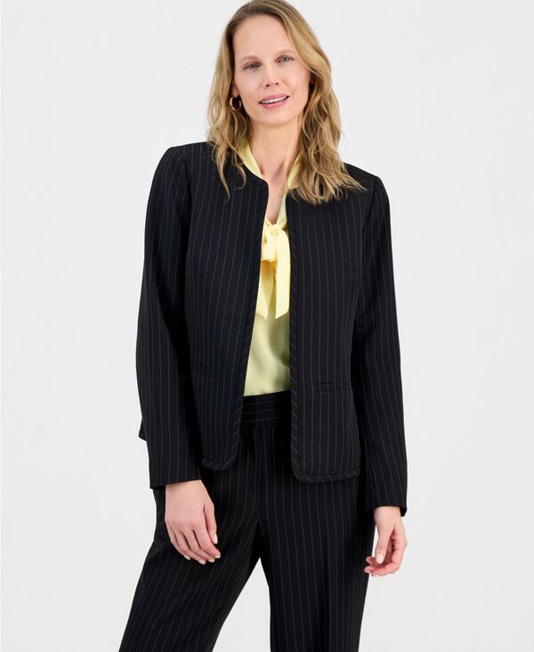 カスパール レディース アウター ジャケット・ブルゾン プチ Kasper Women's Pinstripe Collarless Open-Front Jacket Regular & Petite Black/vanilla Ice ブラック