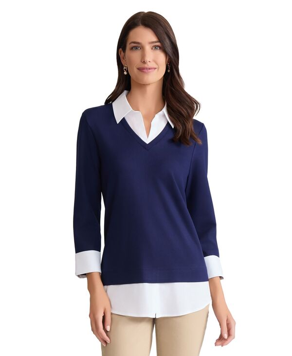 ジョーンズニューヨーク レディース トップス シャツ プチ 長袖 Jones New York Petite Long-Sleeve Collared Topacific Navy ネイビー