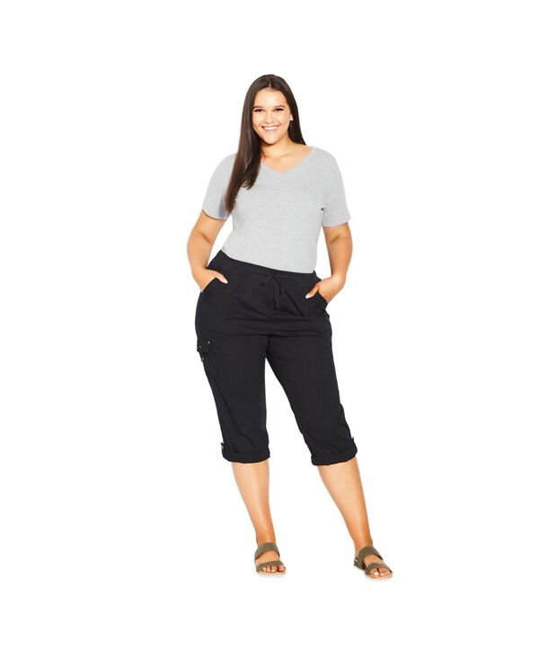 アベニュー レディース ボトムス カジュアルパンツ プラスサイズ コットン キャップ AVENUE Women's Plusize Cotton Roll Up Capri Black ブラック