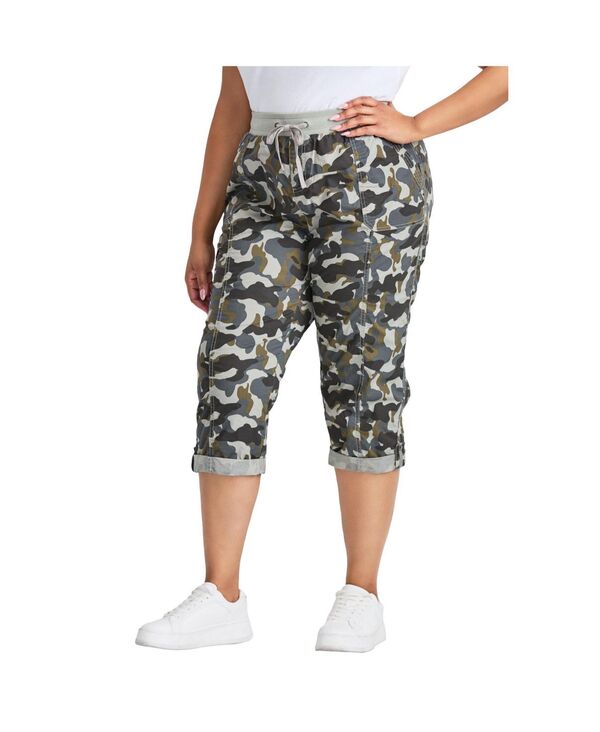アベニュー レディース ボトムス カジュアルパンツ プラスサイズ コットン キャップ AVENUE Women's Plusize Cotton Roll Up Capri Camo print