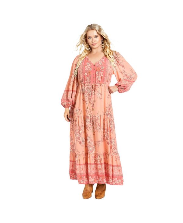 アベニュー レディース トップス ワンピース プラスサイズ マキシ AVENUE Women's Plusizellery Long Sleeve Maxi Dress Coral fantasy コーラル