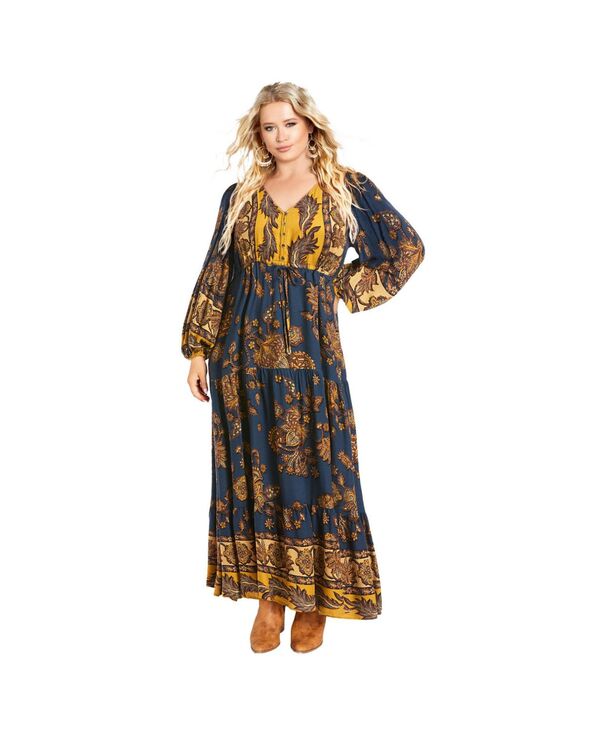 アベニュー レディース トップス ワンピース プラスサイズ マキシ AVENUE Women's Plusizellery Long Sleeve Maxi Dress Navy border ネイビー