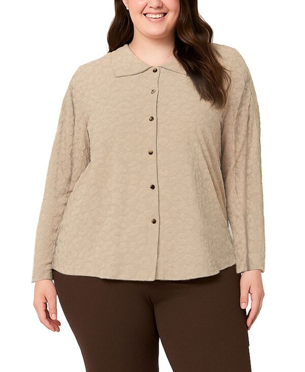 コイン 1804 レディース トップス シャツ プラスサイズ COIN 1804 Plusize Cheetah Burnout Button front closure Shirt Stone ストーン