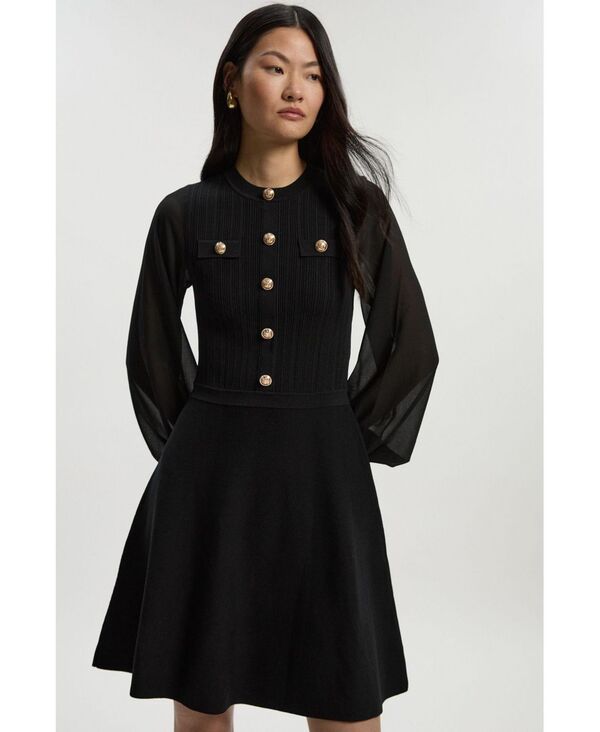 カレンミレン レディース トップス ワンピース シフォン ミニット Karen Millen Women's Chiffon Sleeve Mini Knit Dress Black ブラック｜ReVida 店