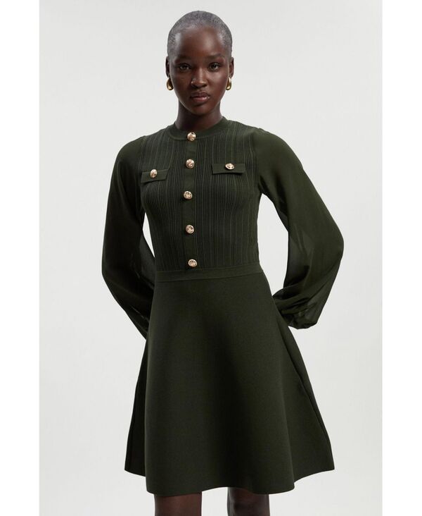 カレンミレン レディース トップス ワンピース シフォン ミニット Karen Millen Women's Chiffon Sleeve Mini Knit Dress Olive オリーブ|ReVida 店