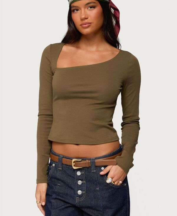 アディクテッド レディース トップス シャツ アシンメトリー Edikted Women's Rion Asymmetric Long Sleeve Top Olive オリーブ|ReVida 店