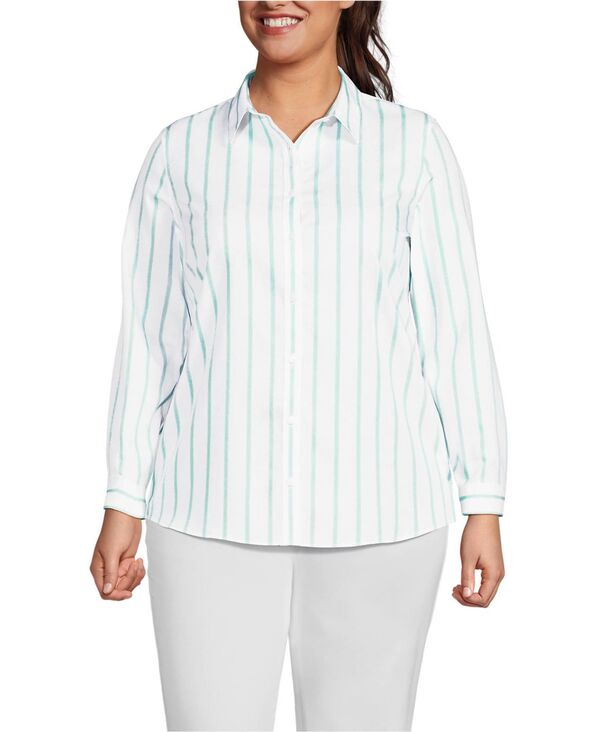 ランズエンド レディース トップス シャツ Lands' End Women's No Iron Button Front Shirt White/aqua classic stripe ホワイト
