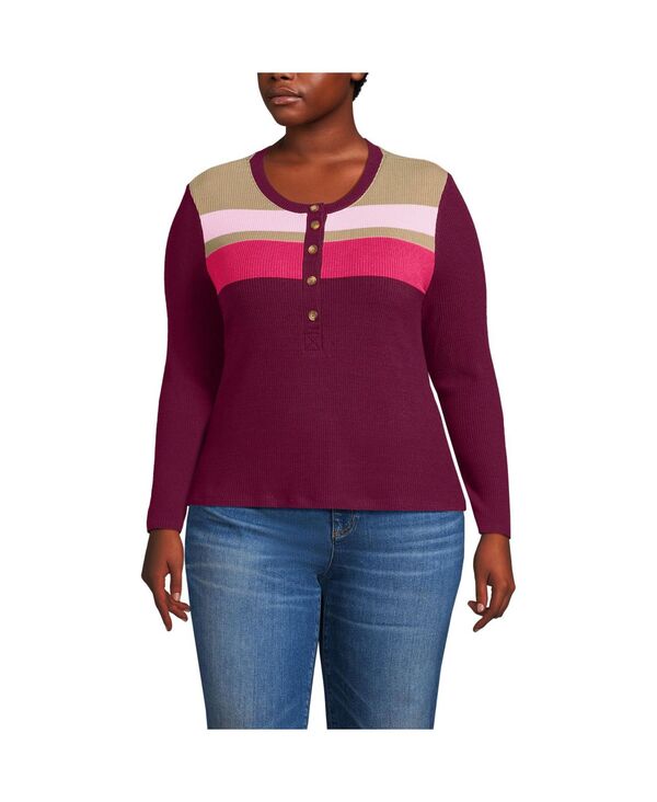 ランズエンド レディース トップス シャツ プラスサイズ Lands' End Plusize Long Sleeve Cozy Rib Henley Top Rich burgundy placed stripe バーガンディ｜ReVida 店
