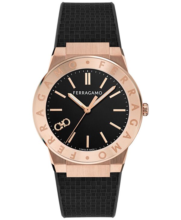 フェラガモ メンズ アクセサリー 腕時計 Ferragamo Men'swiss Black Polyurethane Strap Watch 41mm Rosegold ブラック｜ReVida 店