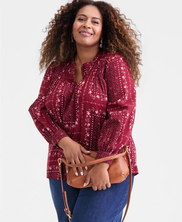 スタイルアンドコー レディース トップス シャツ プリント シャーリング コットン Style & Co Women's Cotton Smocked Printed Topatchwork Print