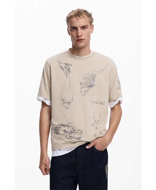 デジグアル メンズ トップス Tシャツ Desigual Men's T-shirt with carp drawings White ホワイト