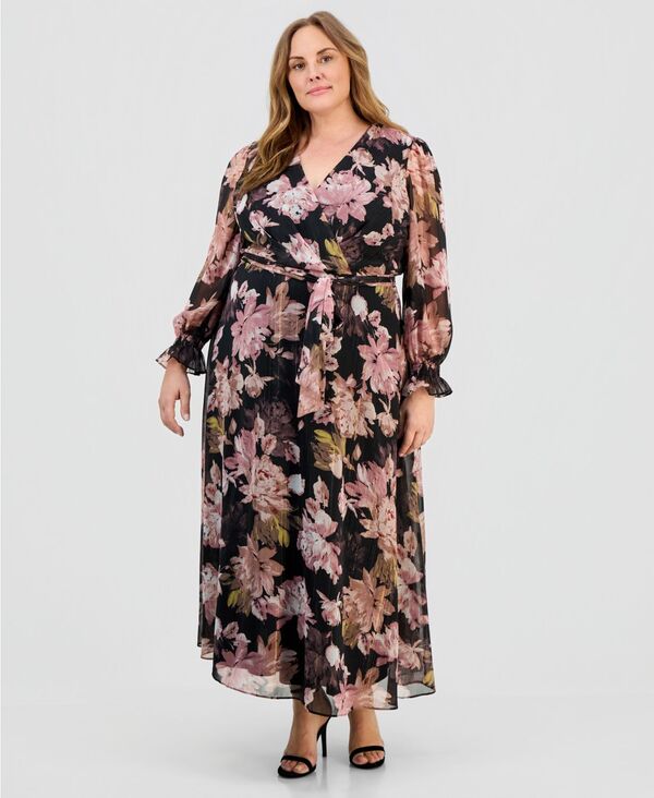 アンクライン レディース トップス ワンピース Vネック プラスサイズ マキシ 長袖 Anne Klein Plusize V-Neck Belted Long-Sleeve Maxi Dress Black ブラック