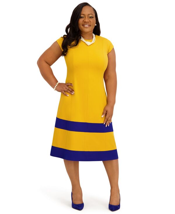カスパール レディース トップス ワンピース ひざ丈 プラスサイズ キャップ Kasper Women's Cap Sleeve Knee Length Fit & Flare Dress Regular and Plusize Gold ゴールド
