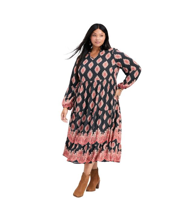 アベニュー レディース トップス ワンピース プリント AVENUE Women's Everlasting Bordered Print Blouson Sleeve Dress Everlasting