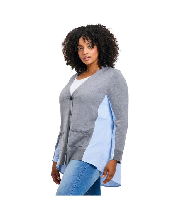 アベニュー レディース アウター ニット・セーター プラスサイズ AVENUE Women's Plusize Ray Mix Media Button Sweater Grey stripe グレー