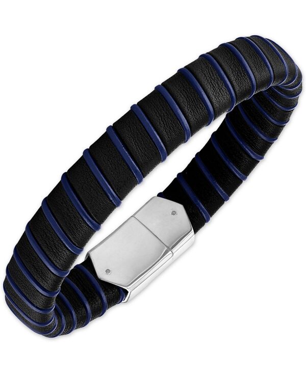 エスクァイア メンズ アクセサリー ブレスレット・バングル・アンクレット レザー Esquire Men's Jewelry Woven Black & Blue Leather Bracelet in Sterling Silver シルバー