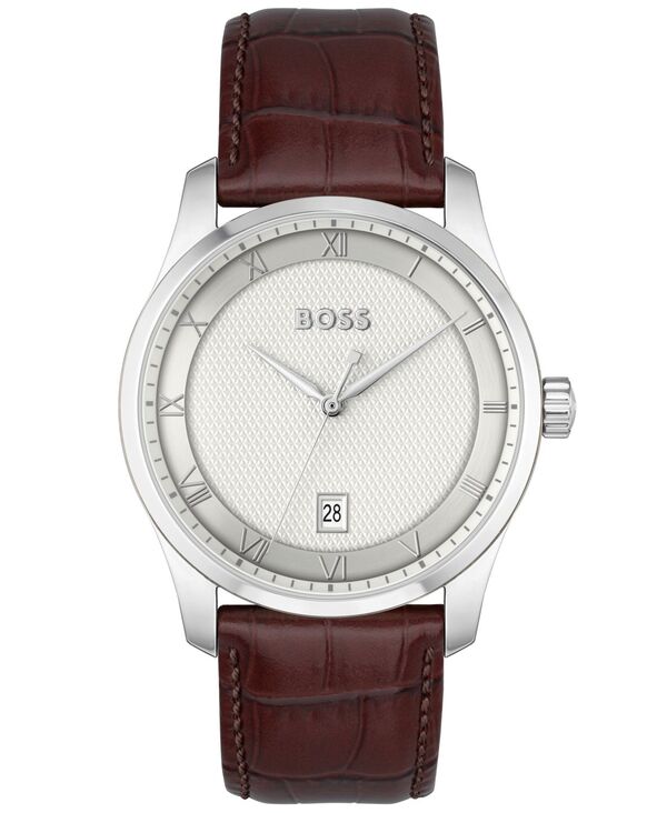 ヒューゴボス メンズ アクセサリー 腕時計 レザー Hugo Boss Men's Principle Quartz Basicalendar Brown Leather Watch 41mm Brown ブラウン