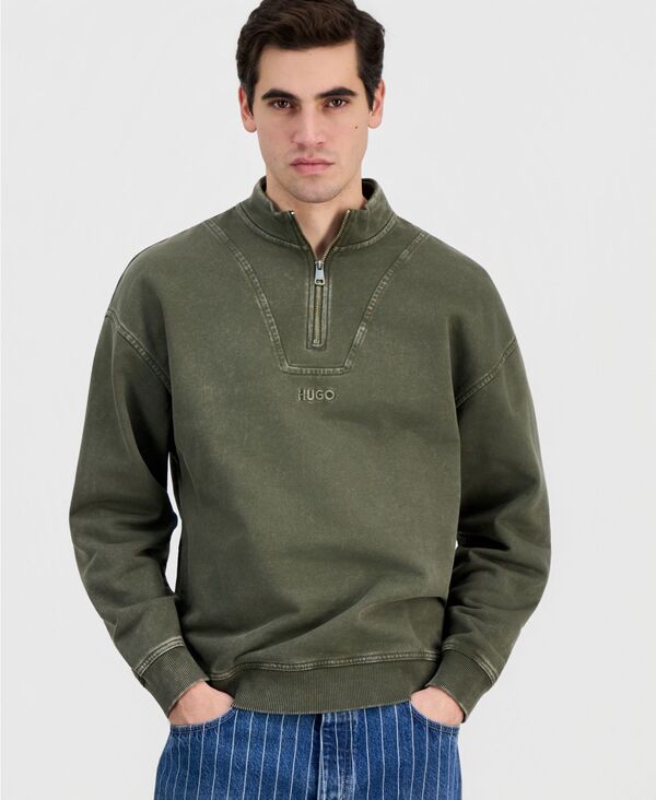 ヒューゴボス メンズ アウター 編み物・スウェーター ロゴタイプ Hugo Boss Men\u0027s Distressed Logo Quarter-Zip Sweater green 緑であること