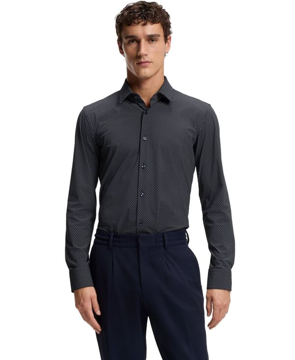 ヒューゴボス メンズ トップス シャツ プリント ジャージー Hugo Boss Men's Printed Performance-Stretch Jersey Slim-Fit Dresshirt Dark Blue ブルー