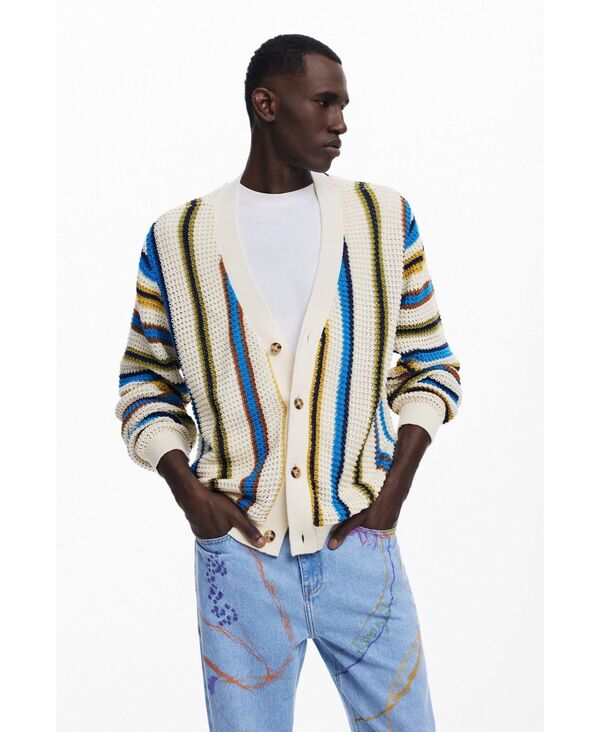 デジグアル メンズ アウター ニット・セーター カーディガン Desigual Mentriped knit cardigan Off white オフホワイト