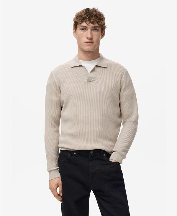 マンゴ メンズ アウター ニット・セーター ポロシャツ リブ コットン MANGO Men's Cotton-Blend Ribbed Polo Sweater Beige ベージュ