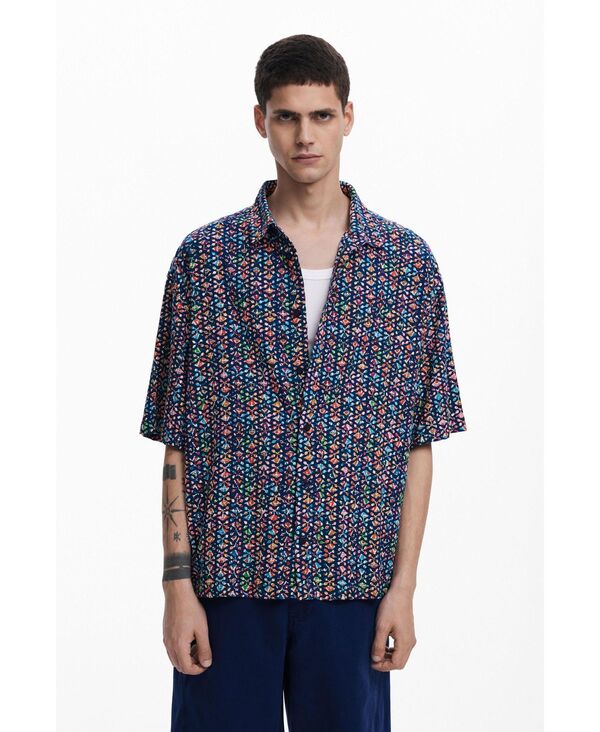 デジグアル メンズ トップス シャツ 半袖 Desigual Men'short-sleeve shirt with ethnic embroidery Blue ブルー|ReVida 店