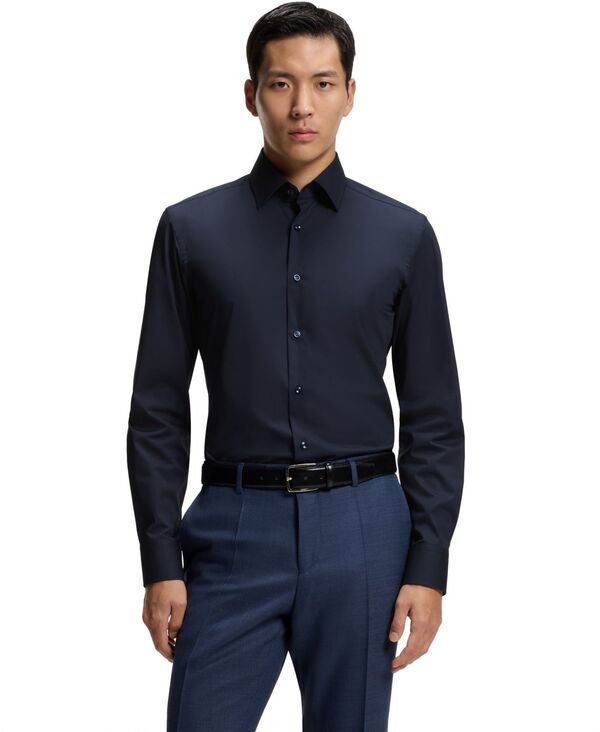 ヒューゴボス メンズ トップス シャツ コットン Hugo Boss Men'stretch-Cotton Poplin Slim-Fit Dresshirt Dark Blue ブルー