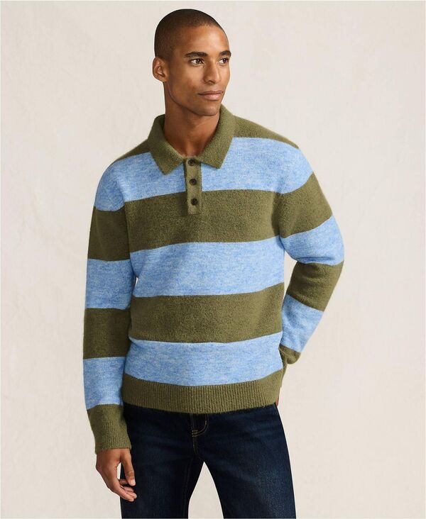 ランズ挙げ句のはて メンズ アウター 編み物・プルオーバー スポーツシャツ Lands\u0027 End Men\u0027s Long Sleeve Fuzzy Sweater Pololive drab heather stripe ギョリュウモドキ