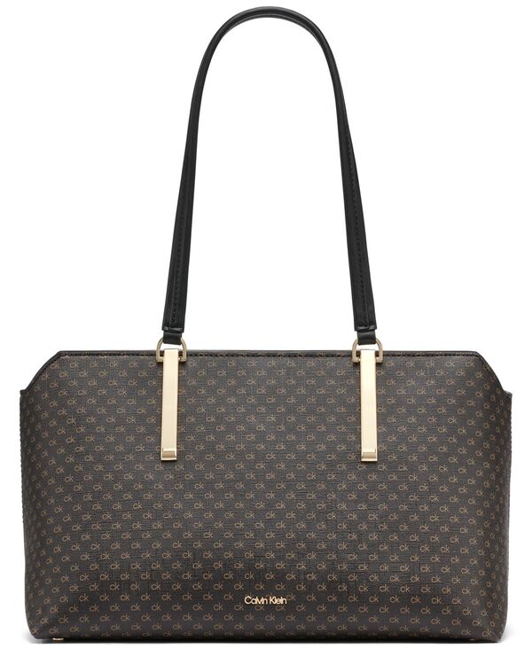 カルバンクライン レディース バッグ ミニ Calvin Klein Lori Mini Signature Top Zipper Tote Bag Brown Khaki Black ブラック｜ReVida 店