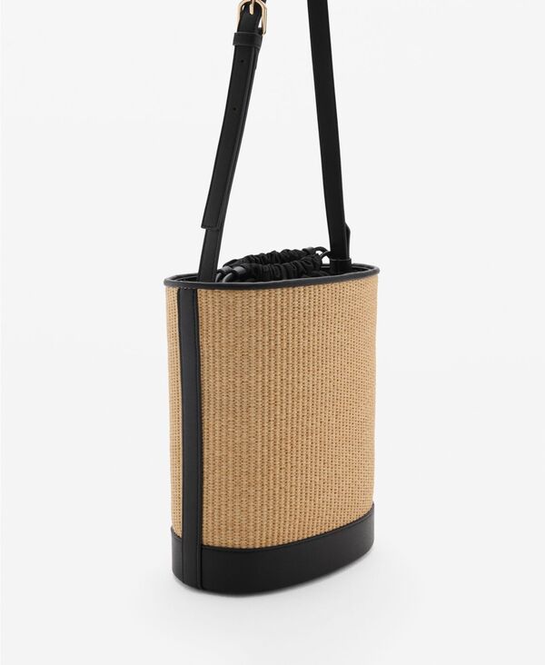 マンゴ レディース バッグ MANGO Women's Medium Raffia-Effect Bucket Bag Black ブラック|ReVida 店