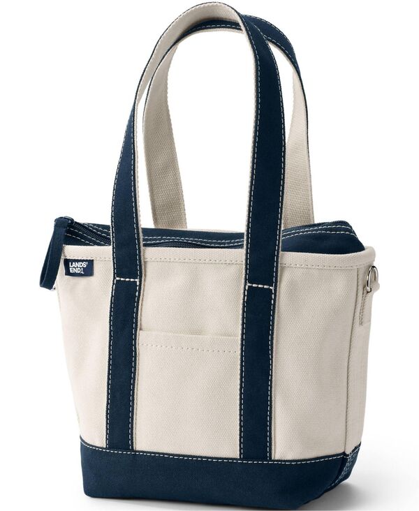 ランズエンド レディース バッグ Lands' End Small 3 Pocket Zip Top Long Handle Canvas Tote Bag Natural/radiant navy ネイビー|ReVida 店