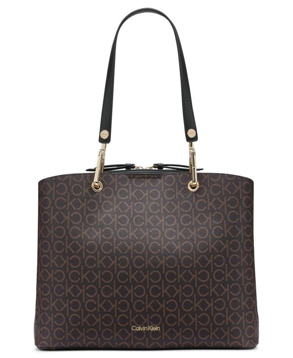 カルバンクライン レディース バッグ Calvin Klein Garnet Signature Triple Compartment Large Top Zipper Tote Bag Brown Khaki/Black ブラック｜ReVida 店
