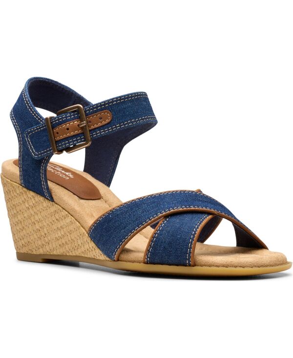 クラークス レディース シューズ サンダル レザー Clarks Emmalae Iris Leather Wedge Sandals Dark Denim Textile デニム
