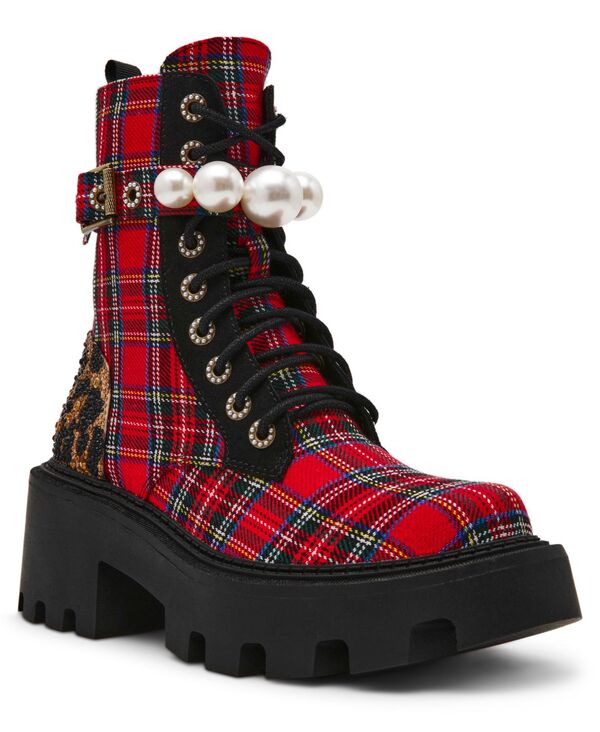 ベッツィジョンソン レディース シューズ ブーツ・レインブーツ Betsey Johnson Women's Jonniembellished Combat Booties Red Plaid レッド