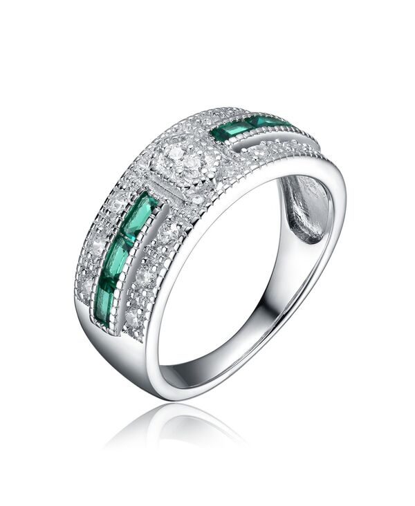 ジュネヴィヴェ レディース アクセサリー リング Genevive Radiant Sterling Silver Cocktail Ring with Pave Green Cubic Zirconia Green グリーン