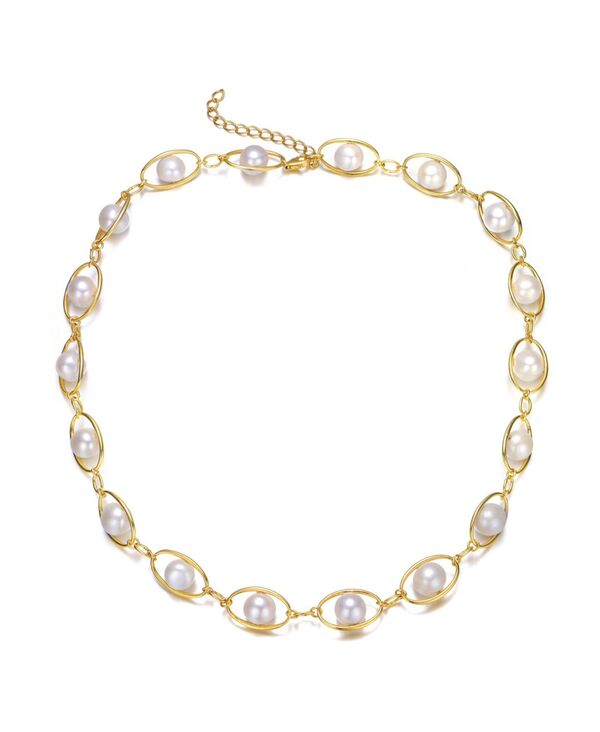 ジュネヴィヴェ レディース アクセサリー ネックレス・チョーカー・ペンダントトップ レース Genevive Sterling Silver 14K Gold Plated Genuine Freshwater Pearl and Cubic Zirconia Link Adjustable Necklace Gold ゴールド|ReVida 店