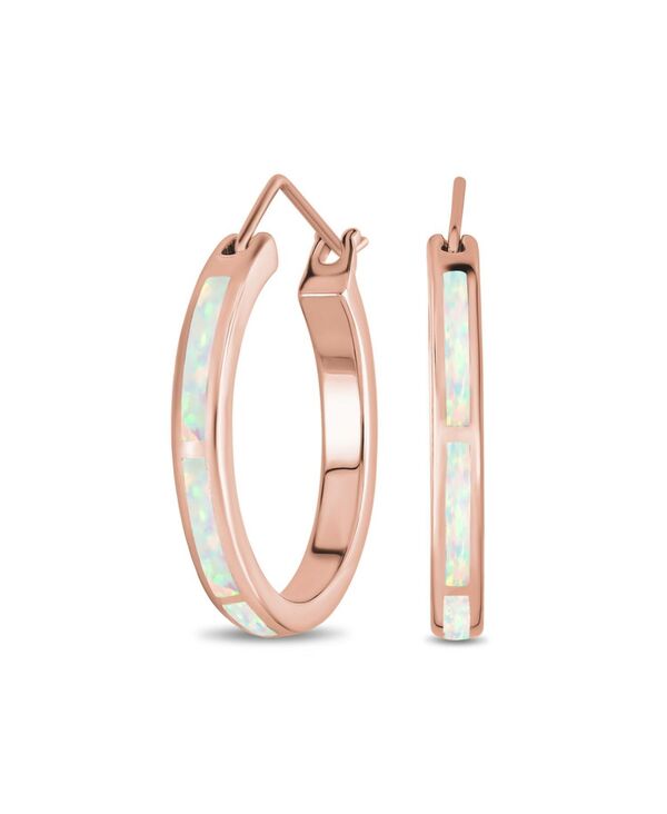 ブリング レディース アクセサリー ピアス・イヤリング Bling Jewelry Created White Blue Opal Inlay Thin Flatube Large Hoop Earrings Rose Gold .925 Sterling Rose ホワイト